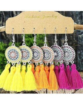 Tassel Earrings 3pr Boho Dangle Fan Stylish Fashion Colorful Trendy Glam Fun